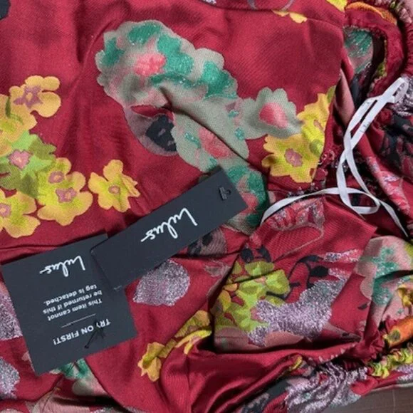 NWT Lulus So Stunning Red Multi Floral Jacquard Puff Sleeve Mini Dress - Picture 5 of 9